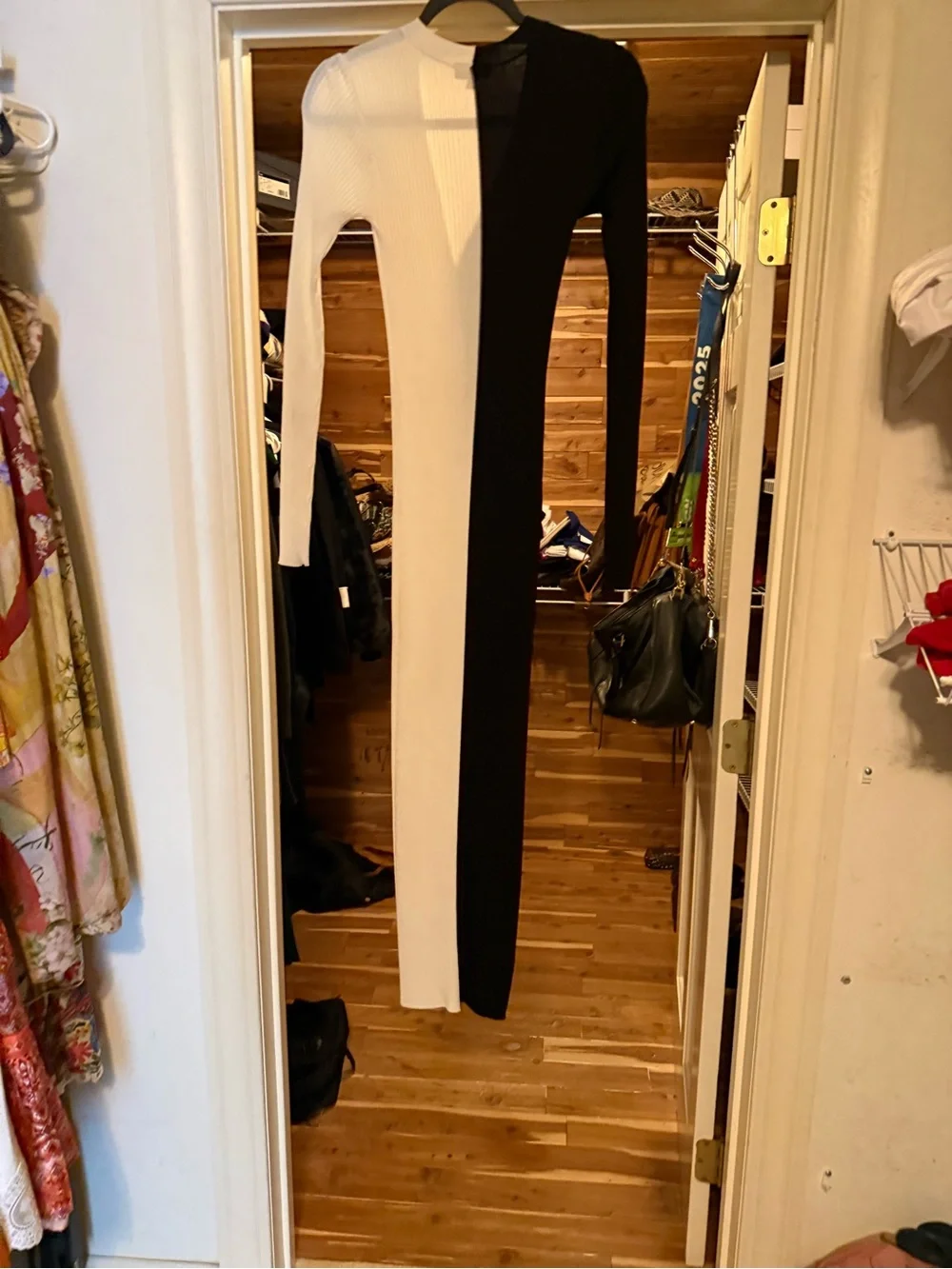 Staud Shoko Sweater Dress, Black & White Ribbed Button-Front Midi Dress, XS - Picture 3 of 4